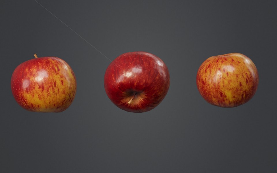 Three photoscanned apples floating in the Spinning Apples 3D viewer